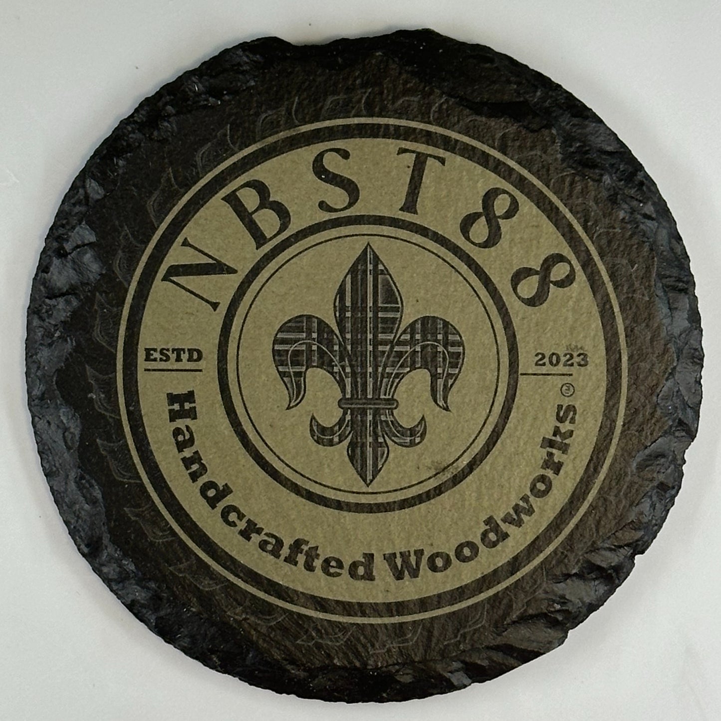 Set of 4 Custom 4" Round Slate Coasters with 1 image & engraving