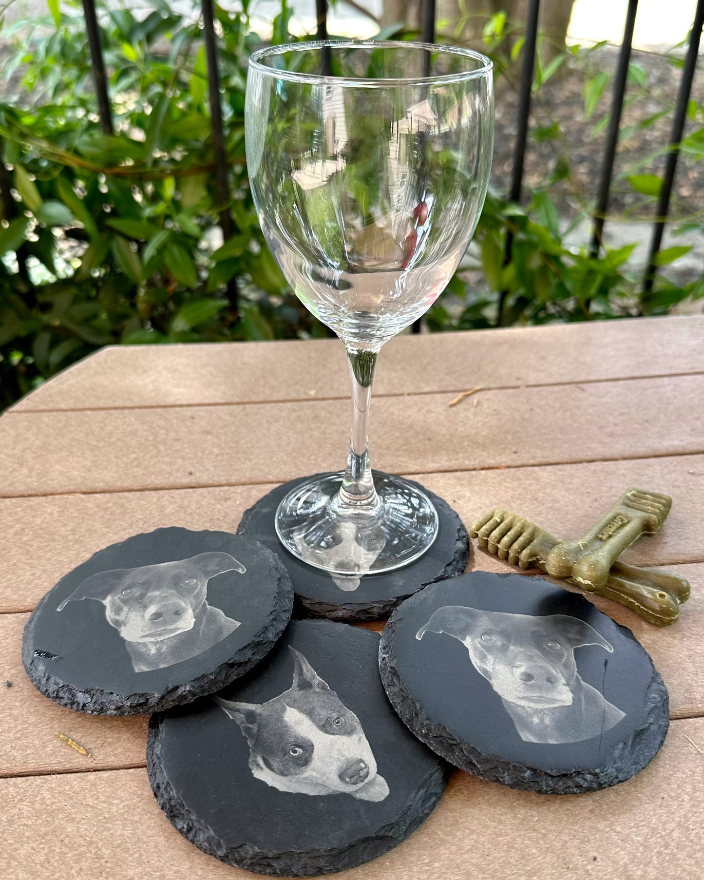 Set of 4 Custom 4" Round Slate Coasters with 2 images and engraving
