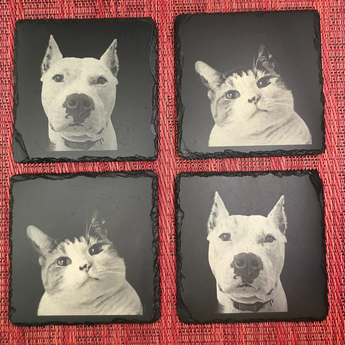 Set of 4 Custom 4" Square Slate Coasters with 2 images and engraving