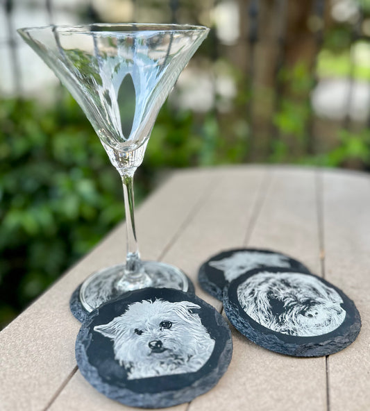 Set of 4 Custom 4" Round Slate Coasters with 2 images and engraving