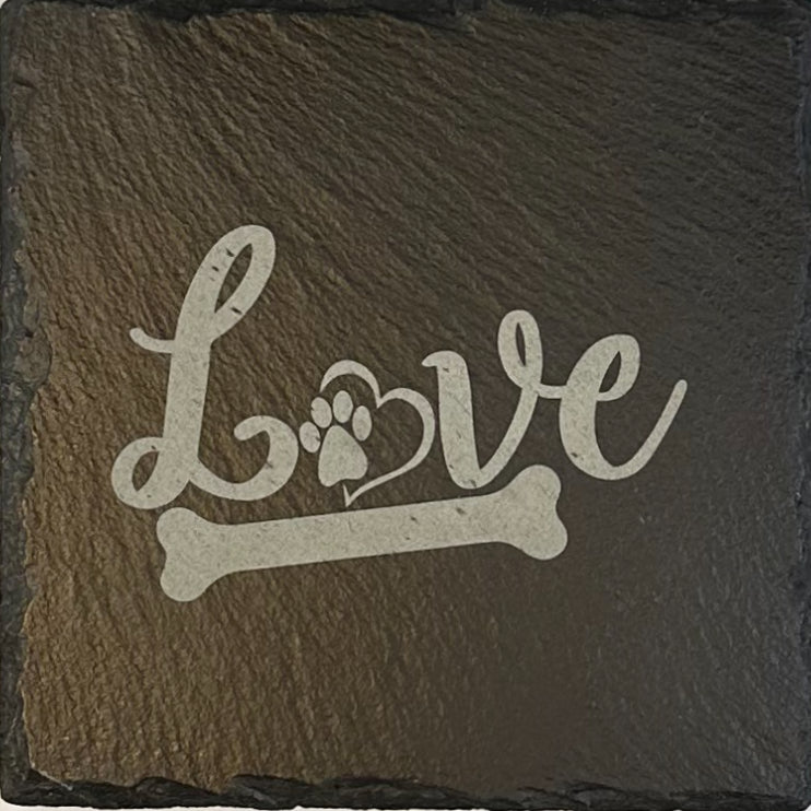 4" Square Slate Coaster "Love" with heart, paw and bone