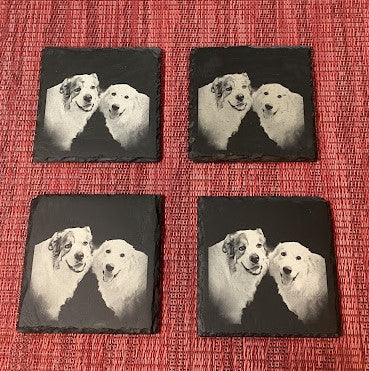 Set of 4 Custom 4" Square Slate Coasters with 1 image & engraving