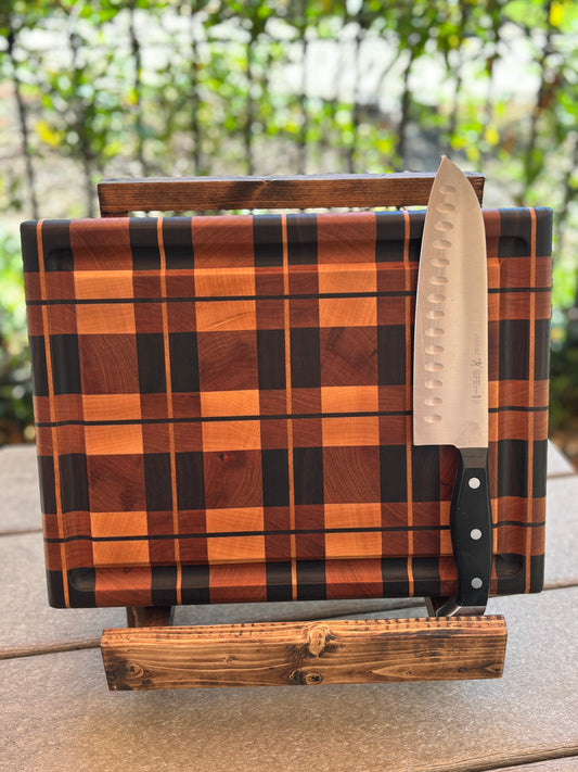 Ode to Scotland #33 – Handcrafted End Grain Cutting Board in “Plaid” Pattern, Walnut, Maple & Cherry