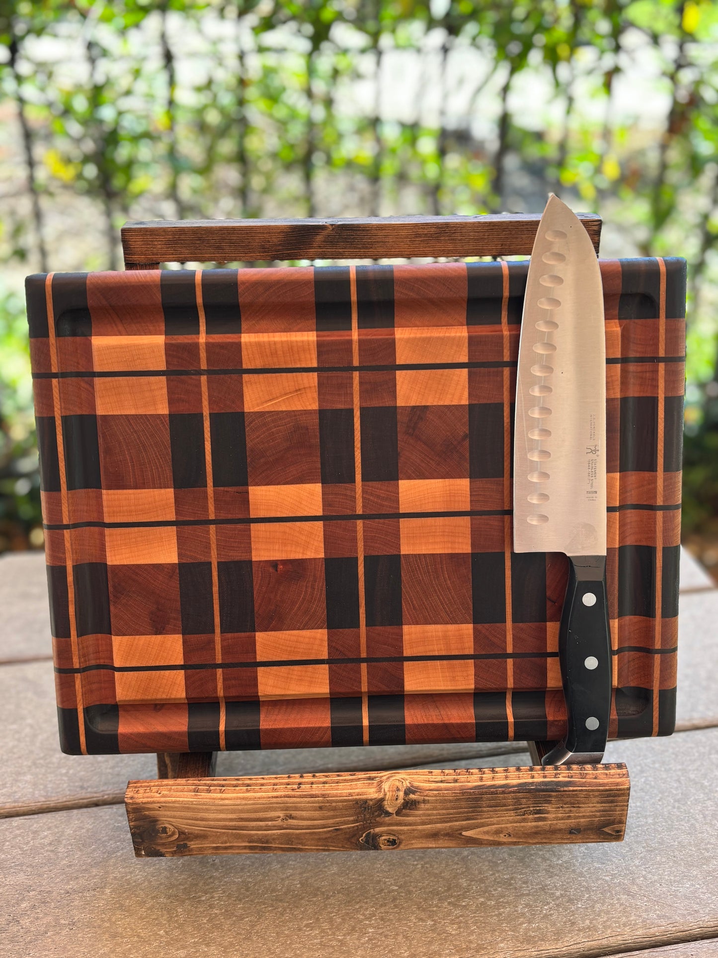 Ode to Scotland #33 – Handcrafted End Grain Cutting Board in “Plaid” Pattern, Walnut, Maple & Cherry
