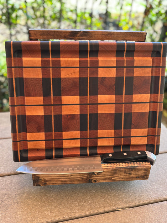 Ode to Scotland #33 – Handcrafted End Grain Cutting Board in “Plaid” Pattern, Walnut, Maple & Cherry